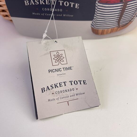 Picnic Time Coronado Canvas and Willow Basket Tote Navy Blue White Striped - Picture 5 of 16